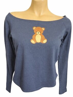 Modern Lux Women  Graphic Tee Shirt Navy Blue Long Sleeve Teddy Bear Size NWT